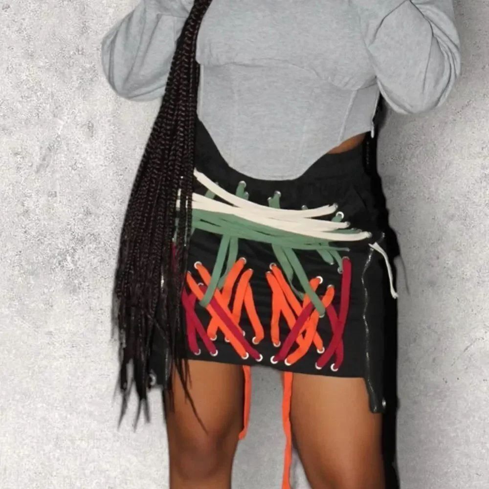 Multicolor Entangled Laced Front Pockets Black Mini Skirt NEW